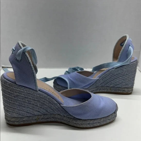 Stuart Weitzman Espadrille Wedges Heels Lace Up Ankle Strap Canvas Blue Size 6.5 - Picture 9 of 14